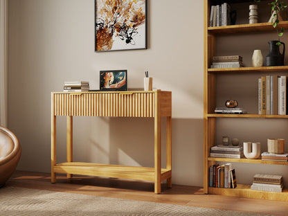 Mid-Century Modern Fluted Console Table with 2 Drawers & Open Shelf, Oak Finish Narrow Entryway Table, Slim Sofa Table for Hallway, Living Room, Small Spaces, Easy Assembly