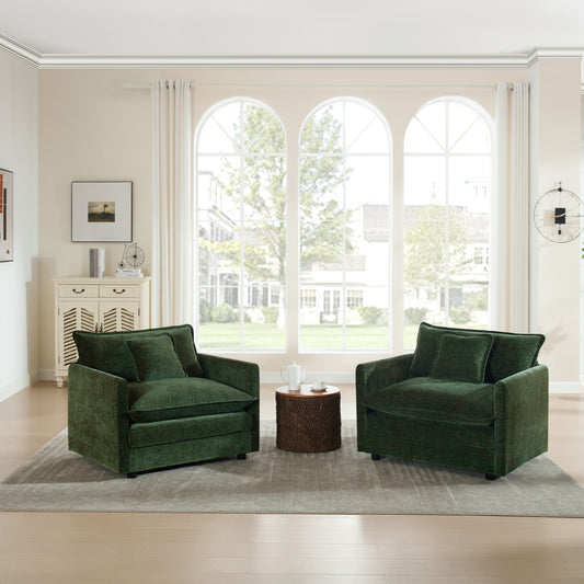 Accent Chair Set of 2, High-end Chenille Upholstered Armchairs, Living Room Side Chairs with Toss Pillow, Green Chenille