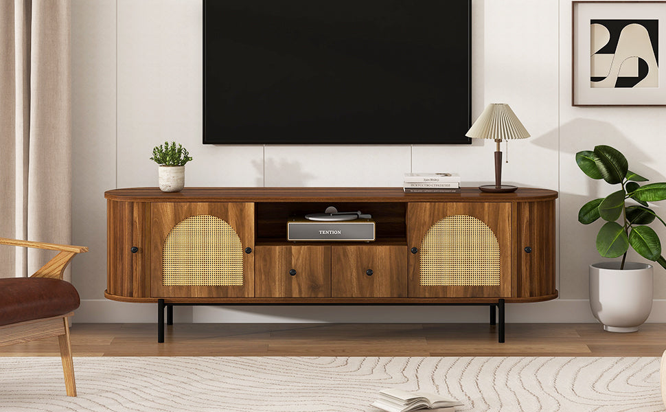 U-Can American Style TV Stand with Rattan Arched Doors, Drawers, Hidden Storage, Steel Legs, Rounded Corners