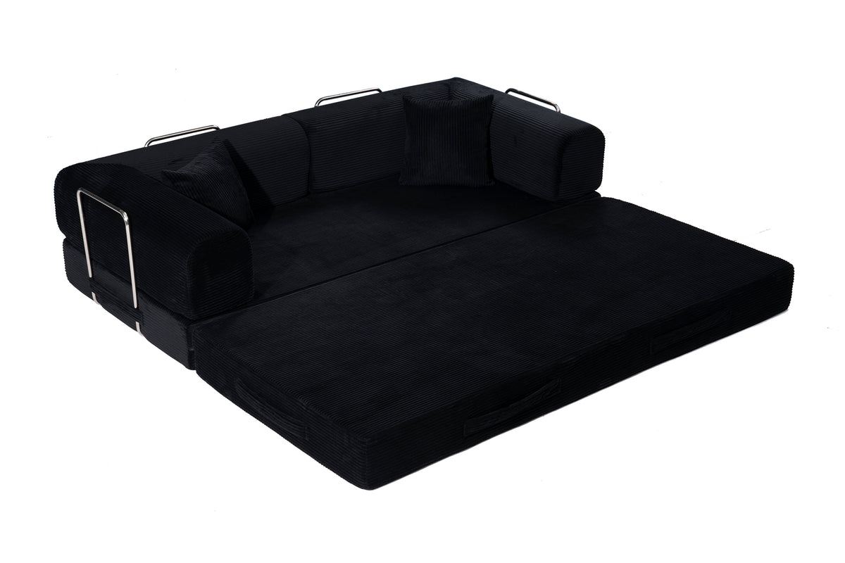 Convertible Sofa Bed, Folding Floor Couch Corduroy Fold Out Couch Bed Futon Sleeper Mattress with Pillows, Boneless Sofa for Living Room Bedroom,BLACK
