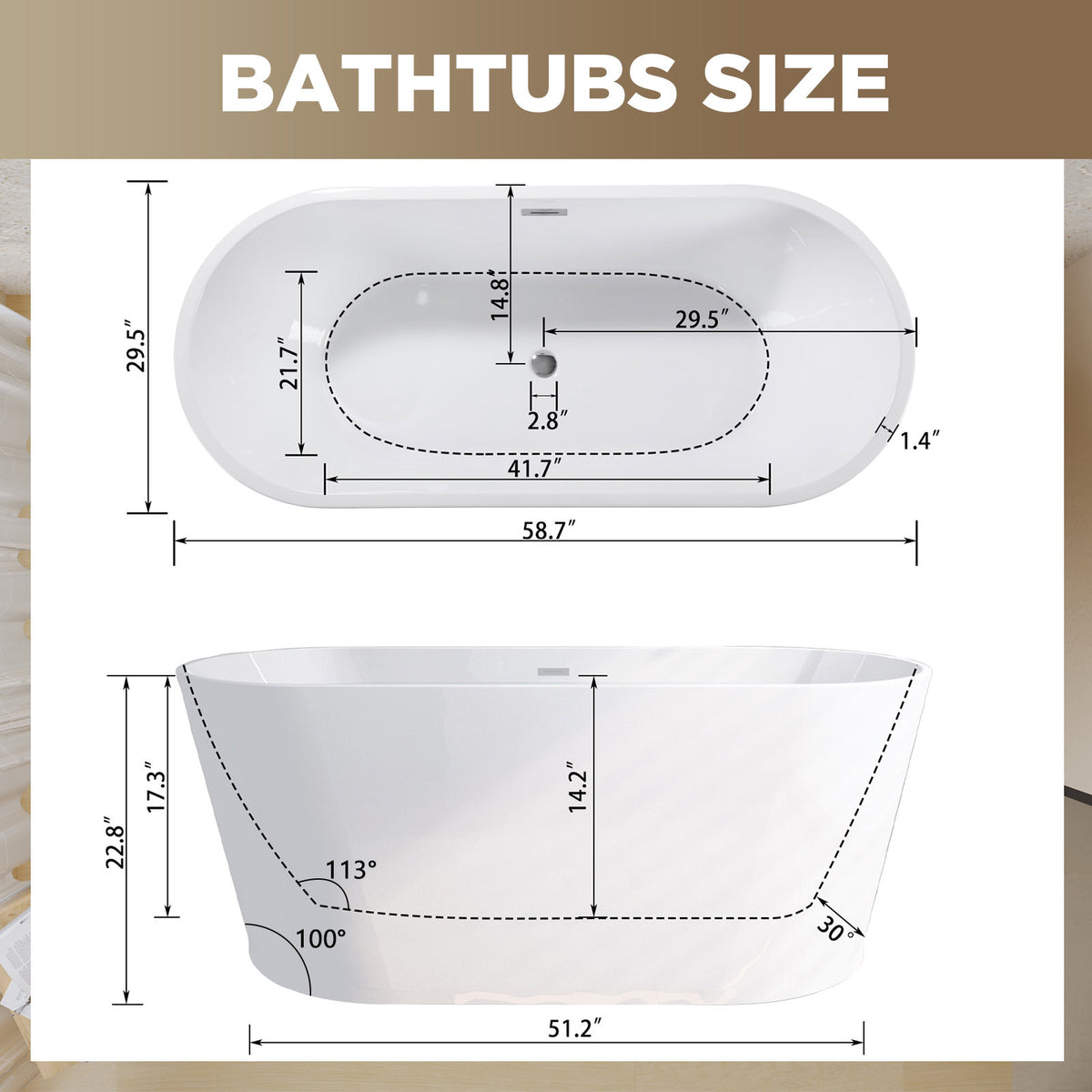 59" Acrylic Freestanding Bathtub, Stand Alone Soaking Tub, Glossy White Acrylic, Toe-tap Chrome Drain, cUPC Certified