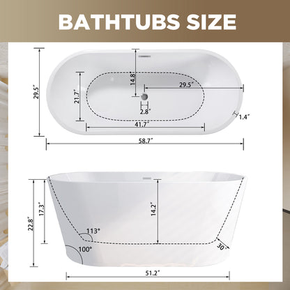 59" Acrylic Freestanding Bathtub, Stand Alone Soaking Tub, Glossy White Acrylic, Toe-tap Chrome Drain, cUPC Certified