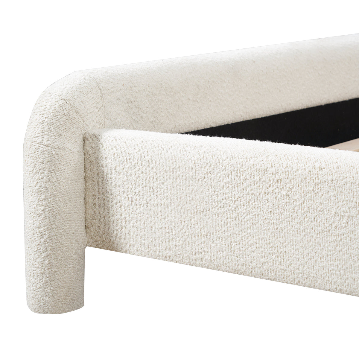Modern White Boucle Upholstered Queen Platform Bed Frame with Curved Headboard, Wood Slats Support, No Box Spring Needed, Easy Assembly