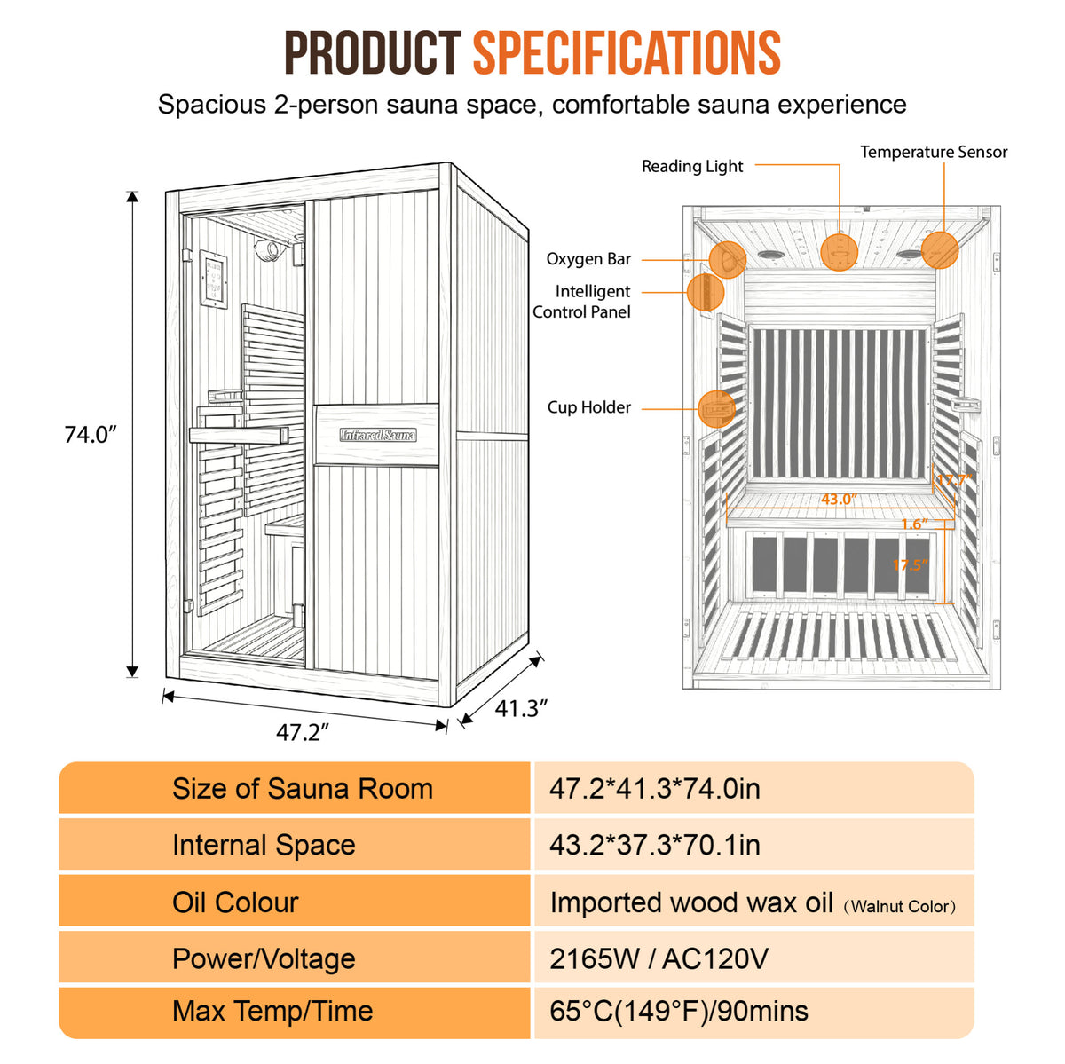 2165W walnut Chilean pine double person far-infrared sauna room