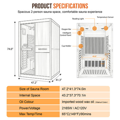 2165W walnut Chilean pine double person far-infrared sauna room