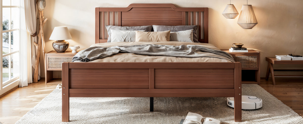 Full Size Platform Bed with Tall Headboard, Solid Bamboo-made Bed Frame with Support Slats, Full  Bed Frame for Bedroom, Guest Rooms, Warm Brown