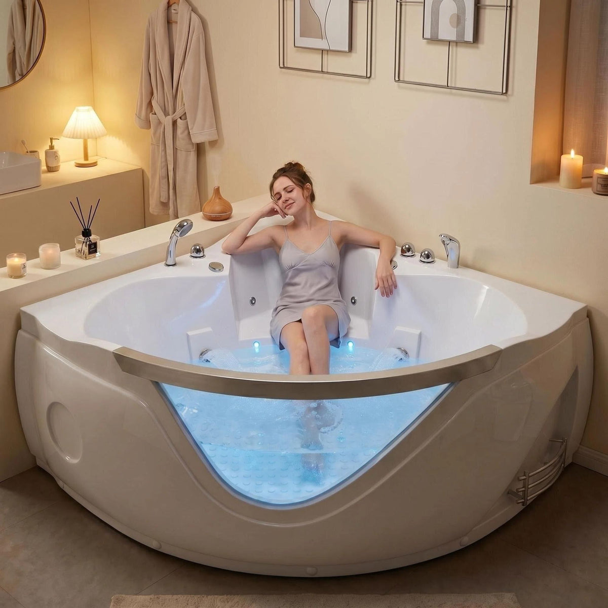 59" light luxury double corner whirlpool bathtub, 20 sets of multi-directional massage nozzles, chromotherapy healing atmosphere, brand-level certified accessories
