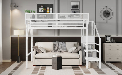 Twin XL Size Loft Bed with Stairs, Metal Full Loft Bed with Storage Shelves, High Loft Bed with Wardrobe for Kids Teens,White(Old Sku W2580S00050)