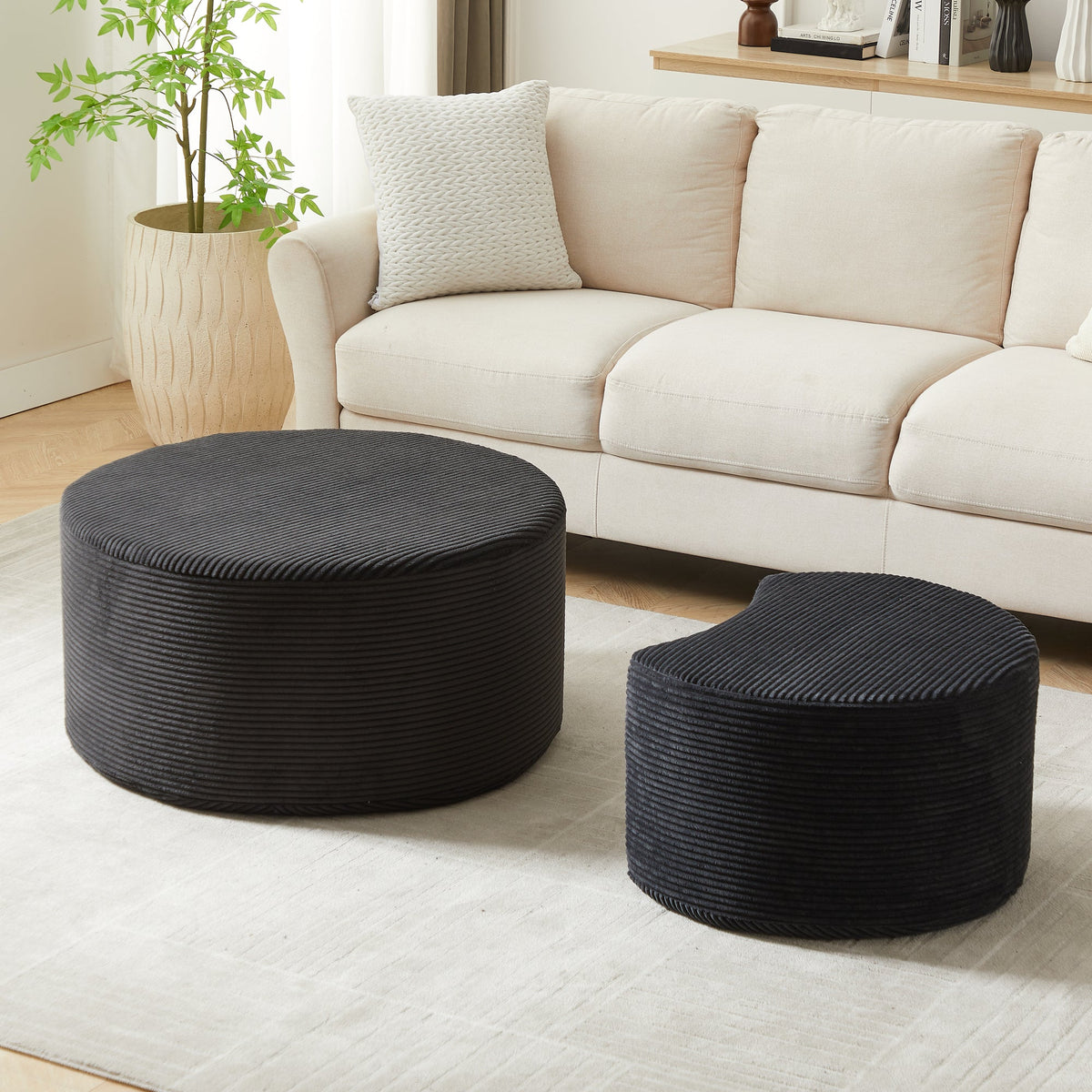 Modern Upholstered Round Coffee Table Set of 2 in Black, Corduroy Fabric, No Assembly, Perfect for Living Room or Bedroom