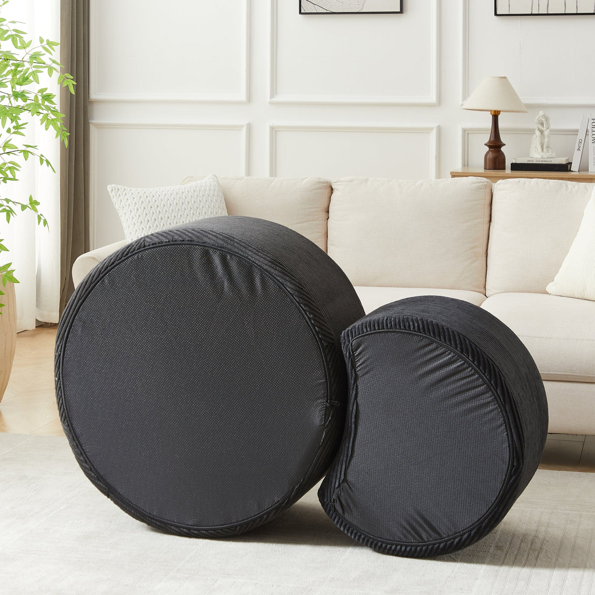 Modern Upholstered Round Coffee Table Set of 2 in Black, Corduroy Fabric, No Assembly, Perfect for Living Room or Bedroom