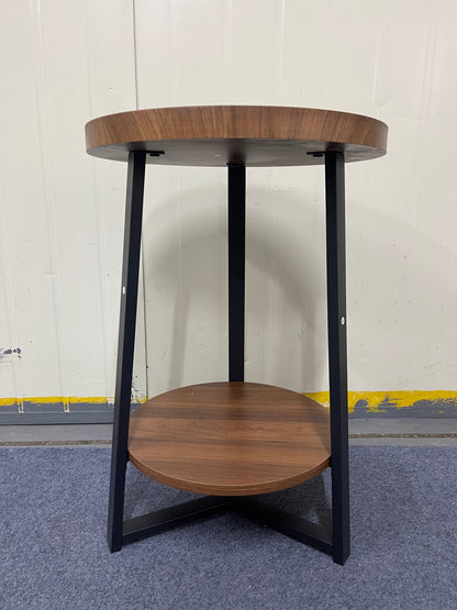 End Table with Storage, 2-Tier Small Round Side Table, Farmhouse Accent Table & Nightstand for Living Room, Bedroom & Small Spaces, Wood Top, Black Metal Frame, Brown