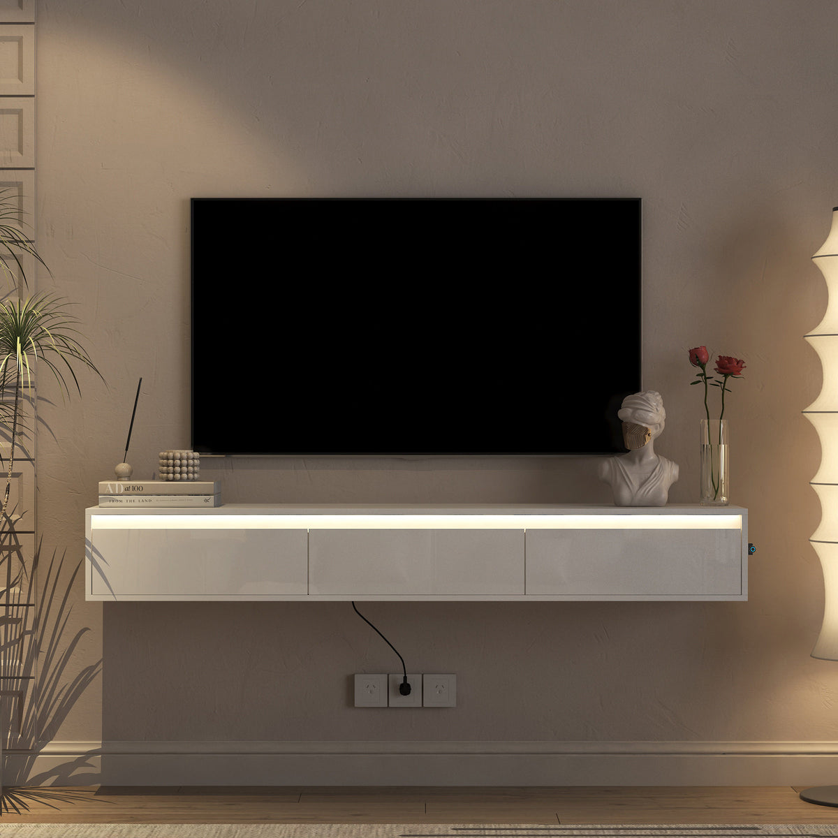Floating TV Stand, Wall Mounted TV Shelf with Led Lights & Power Outlet, Cabinet for High Gloss tv Stands for Living Room
