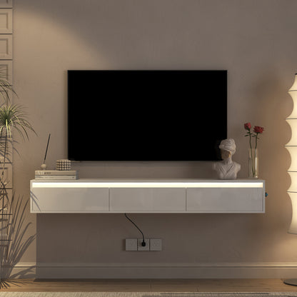 Floating TV Stand, Wall Mounted TV Shelf with Led Lights & Power Outlet, Cabinet for High Gloss tv Stands for Living Room