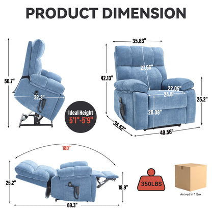 Blue Heat Massage Dual Motor Infinite Position Up to 350 LBS Large Electric Power Lift Recliners with Hidden Cup Holders, Power-Remote