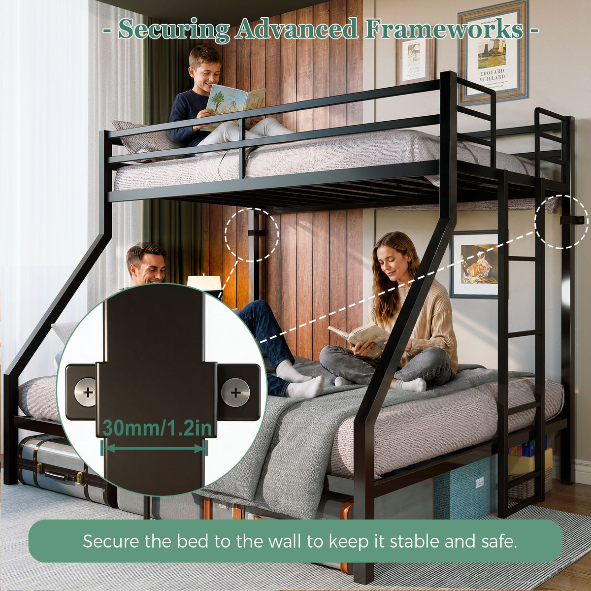 Heavy Duty Twin Over Queen Bunk Bed, Sturdy Metal Bunk Bed Frame with Flat Ladder & Full-Length Guardrail, 1000 lbs Capacity, Noise-Free, Easy Assembly, Space-Saving Industrial Bunk Beds , Black