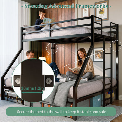 Heavy Duty Twin Over Queen Bunk Bed, Sturdy Metal Bunk Bed Frame with Flat Ladder & Full-Length Guardrail, 1000 lbs Capacity, Noise-Free, Easy Assembly, Space-Saving Industrial Bunk Beds , Black