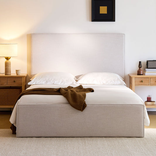 Lucas Tall Headboard Upholstered Bed / 52" High Headboard / Elegant Simplicity / No Box Spring Needed / Easy Assembly / Full / Textured Ivory Canvas