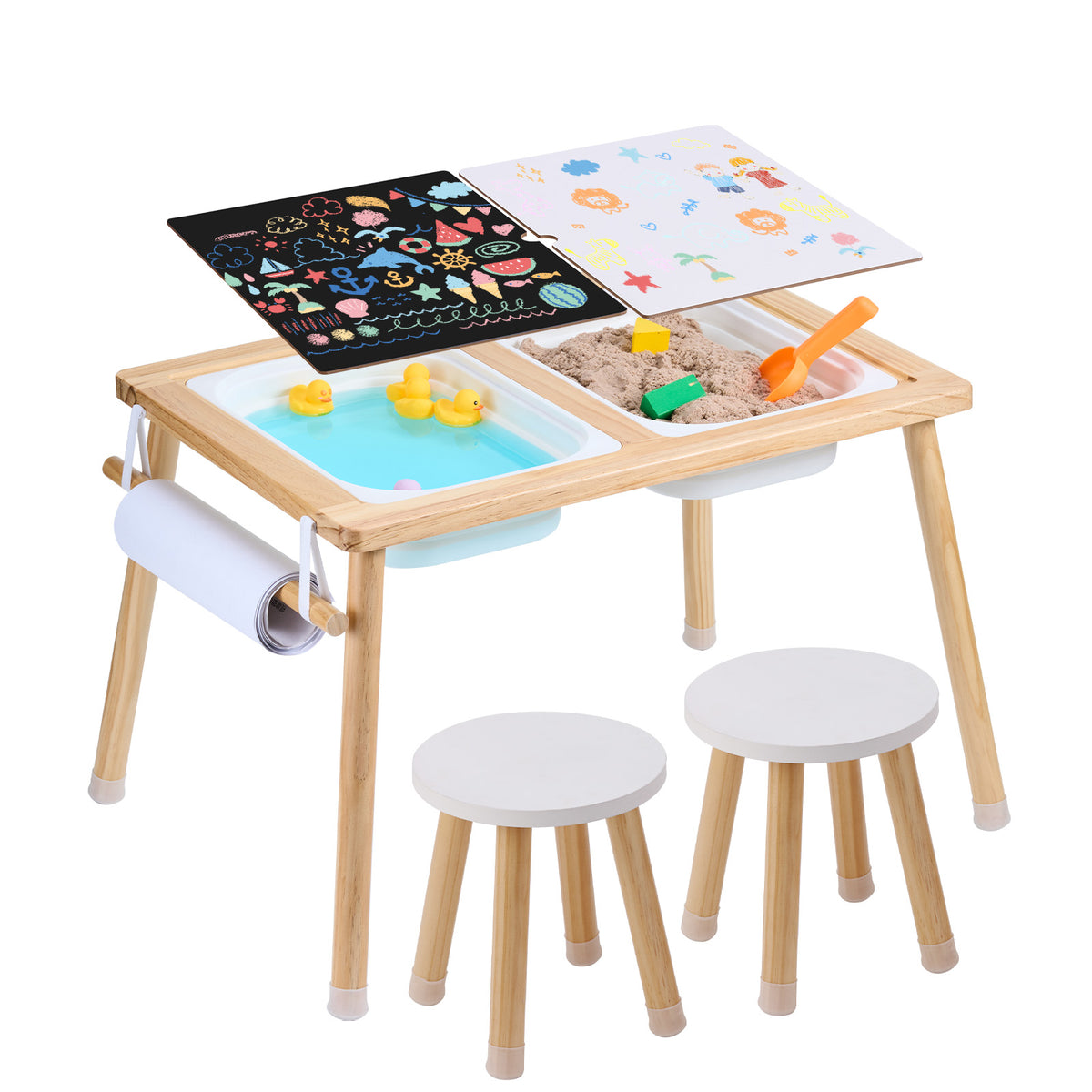 Sensory Table and Chairs Set, Toddlers Activity Table with 2 Stools, 2 Storage Bins & Paper Roll Holder