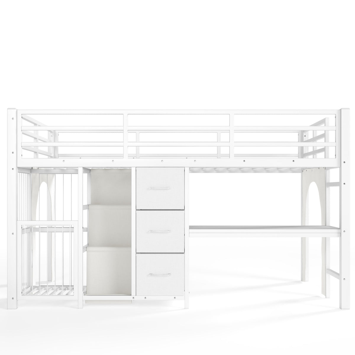 Twin Metal Low Loft Bed for Kids, Low Loft Bed with Storage Drawer, Low Loft Bed with Bookshelf & Built-in Desk, Sturdy Low Loft Bed Frame, Multi-Function Low Loft Bed for Kids.White