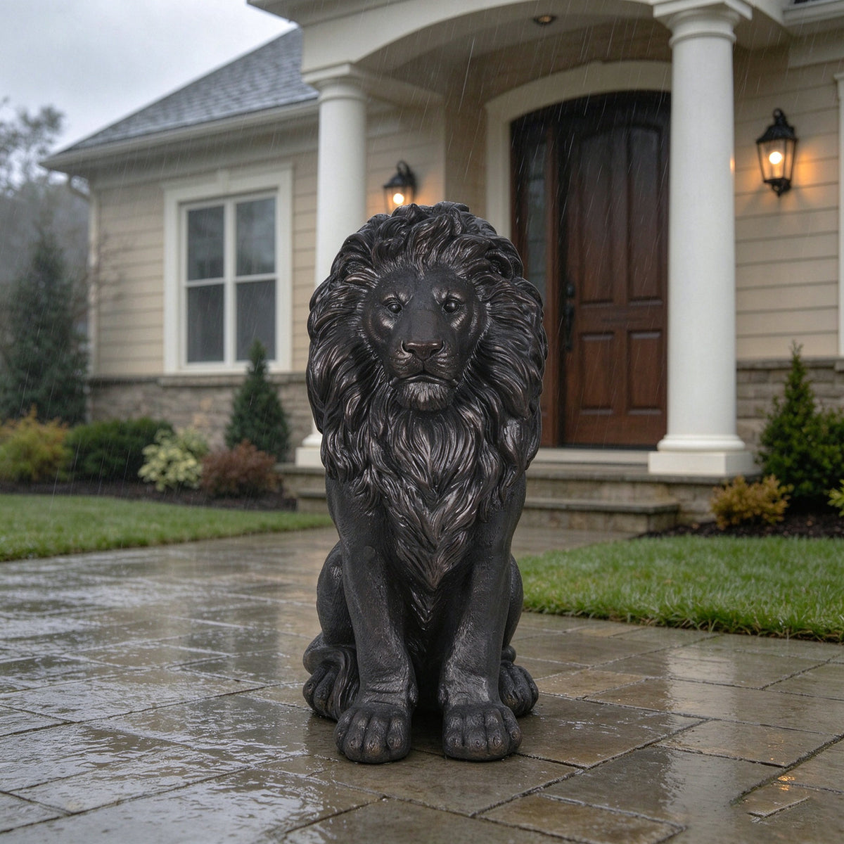 24.61' Black Sitting Lion Statue, Magnesium Oxide Stone Composite Animal Sculpture Statue Decor for Front Door, Yard Patio Garden, Matte Black Finish, Ideal Gift for Housewarming & Estate Decoration