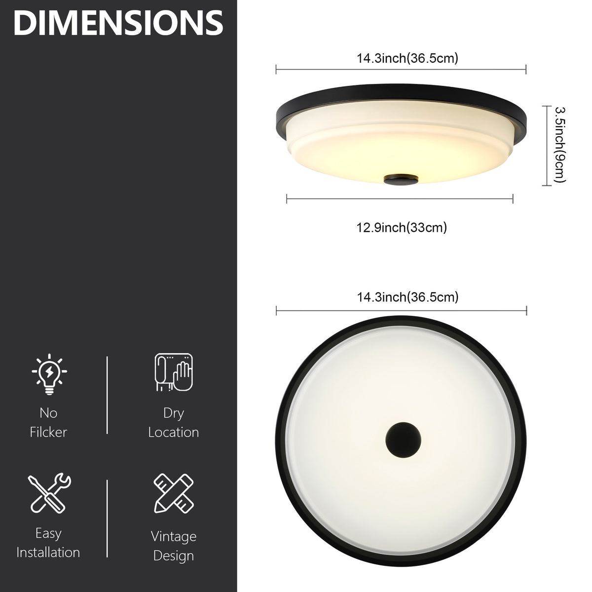 14.37" x 14.37" x 3.54" LED Flush Mount Ceiling Light, 25W Remote Stepless Dimmable Ceiling Lamp, RA>90, Metal Body & Glass Shade