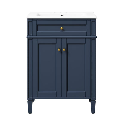 Modern Blue Bathroom Vanity with 2 Doors and Tip-Out Drawer, Ceramic Sink, Soft-Closing Hinges, Solid Wood Frame, 24'