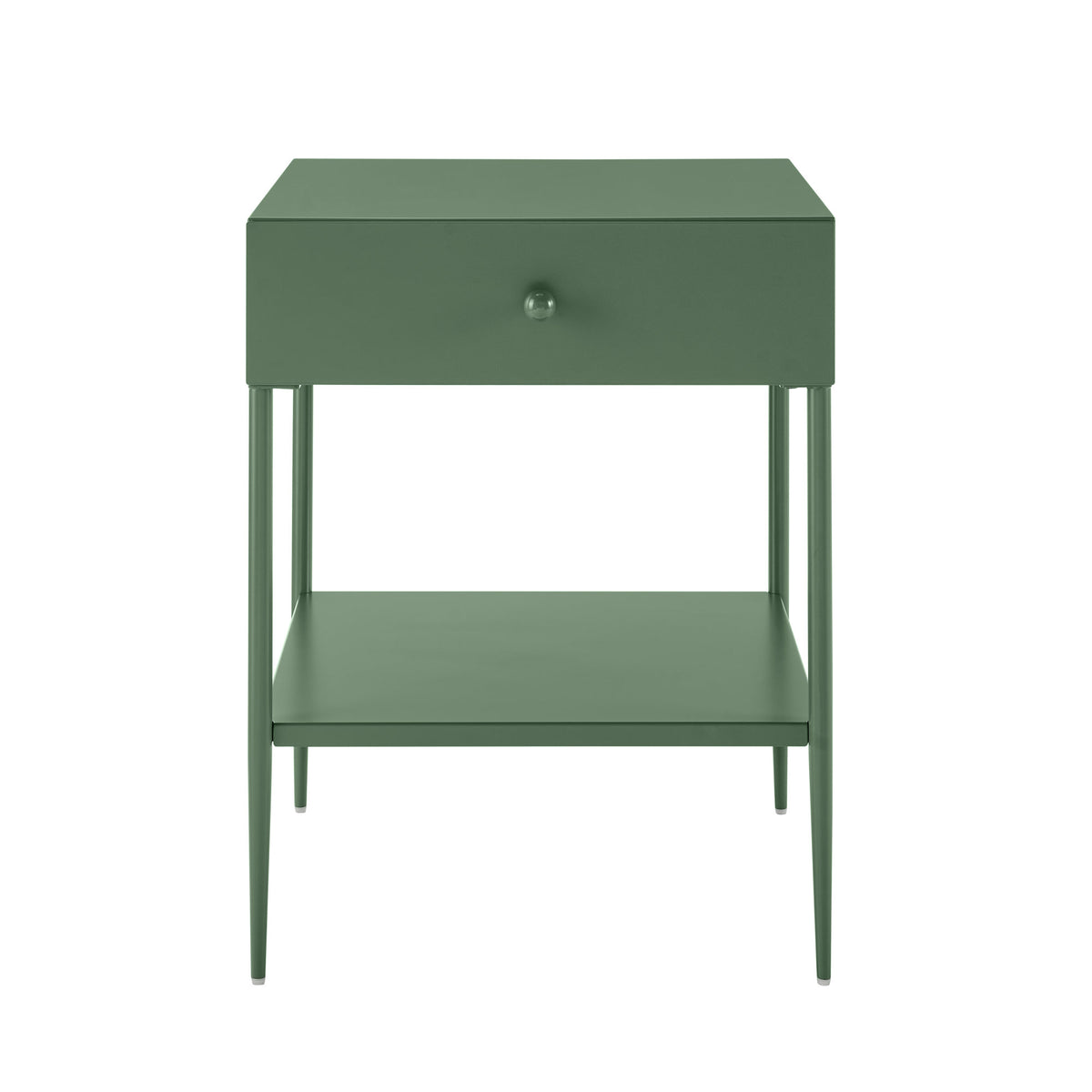 Colette Vintage Green Metal 1-Drawer Nightstand with Bottom Shelf & Tapered Legs