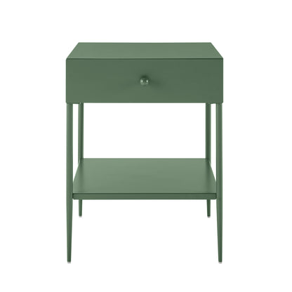 Colette Vintage Green Metal 1-Drawer Nightstand with Bottom Shelf & Tapered Legs