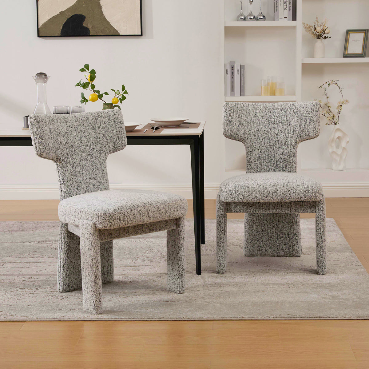 22.05" Wide Modern Upholstered Chenille Dining Chair Set of 2 with Rubberwood Legs, Armless Curved Back Accent Chairs for Living Room Bedroom Restaurant Cafes Dining Room Reception, White/Black