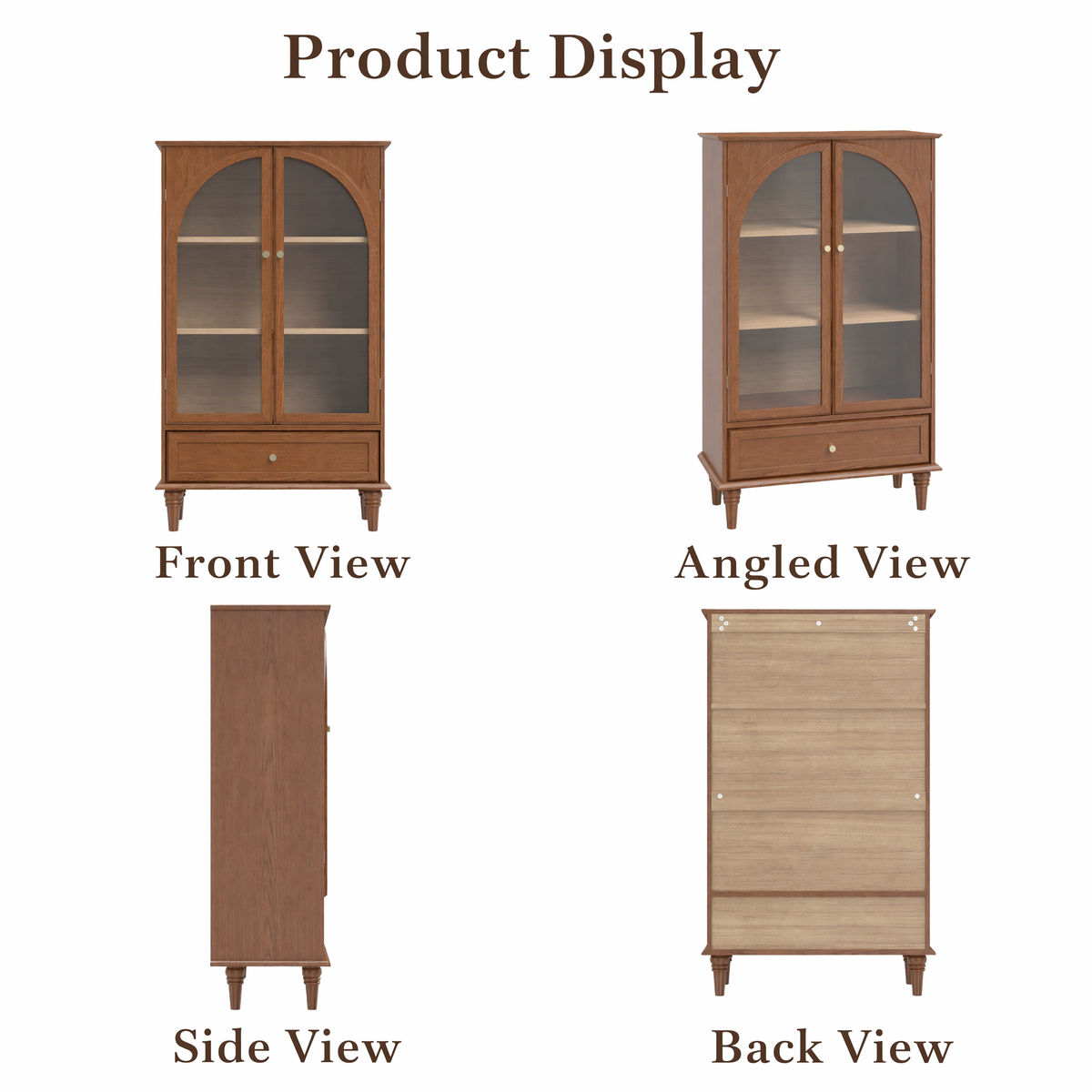 Vintage Farmhouse Arched Glass Accent Cabinet, MDF Real Wood Veneer Display Storage Cabinet with Solid Wood Legs, Adjustable Shelves & Drawer, Antique Glaze Finish