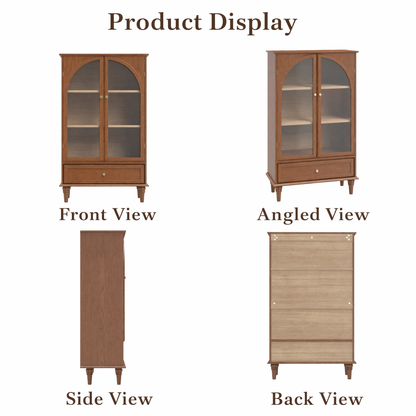 Vintage Farmhouse Arched Glass Accent Cabinet, MDF Real Wood Veneer Display Storage Cabinet with Solid Wood Legs, Adjustable Shelves & Drawer, Antique Glaze Finish