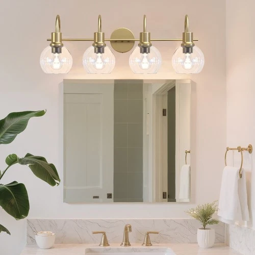Modern Vanity Light with Glass Shade Bathroom Mirror Gold Wall Lamp Fixture-4-Light