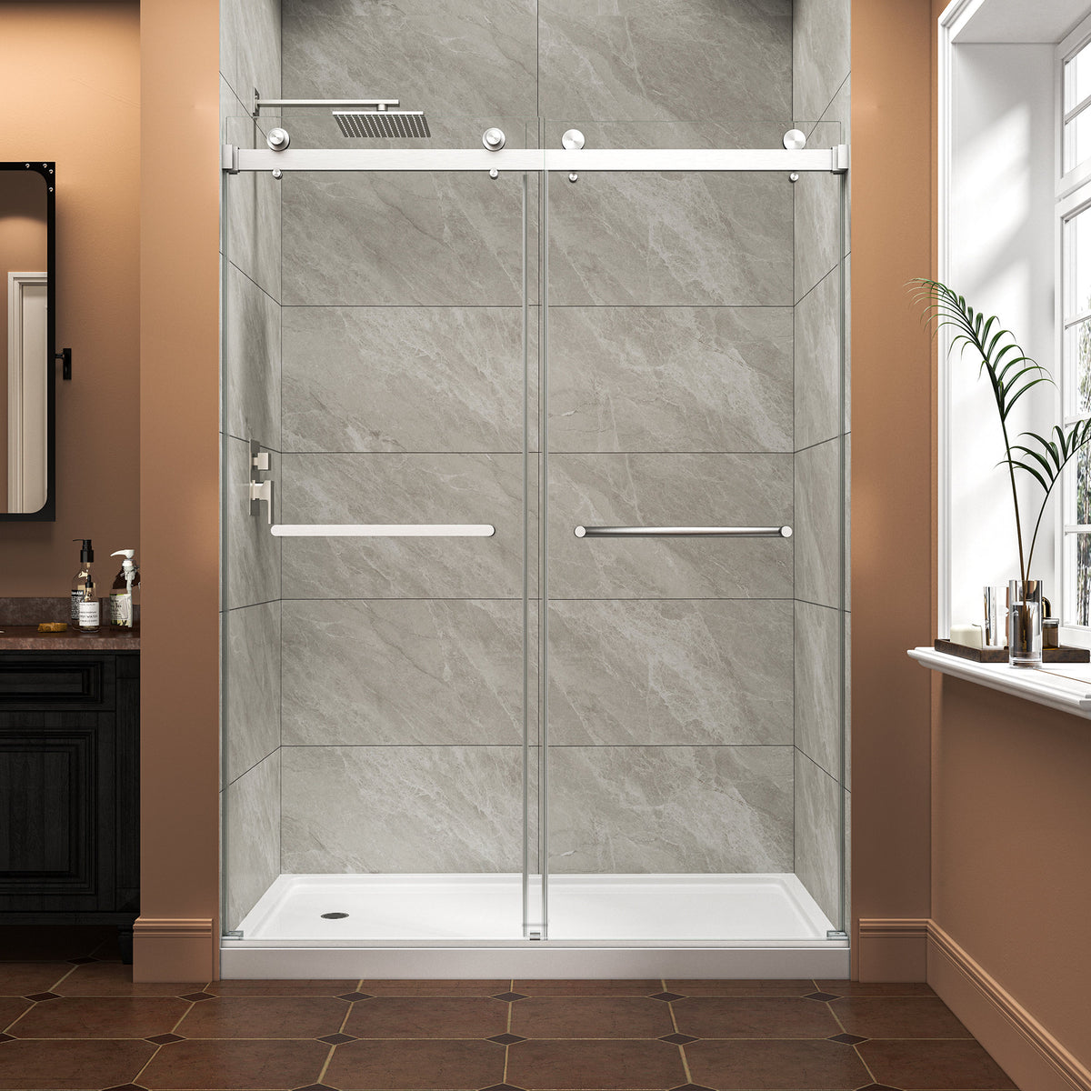 55"-60" W x 76" H Brushed Nickel Reversible Installation Double Bypass Sliding Shower Door Easy Installation Frameless Shower Door,5/16"(8MM) Tempered Glass With Nano Explosion-proof Film