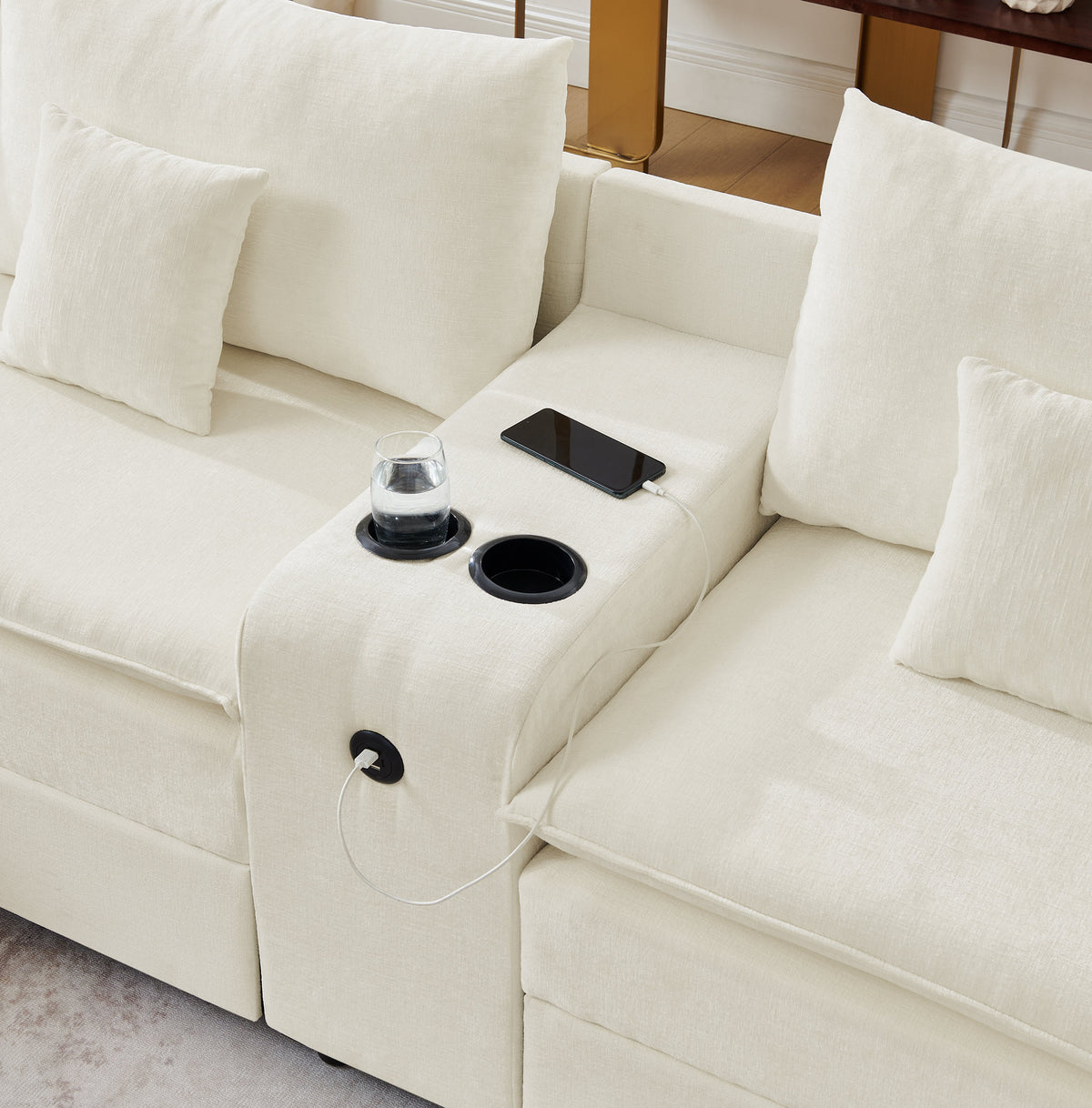 143.8'' U-shaped Modular Sectional Sofa with Center Console, Cup Holder, USB Charger,Movable Ottoman,Modern Comfy 4-6 Seater Chenille Cloud Couch for Spacious Living Room, Beige
