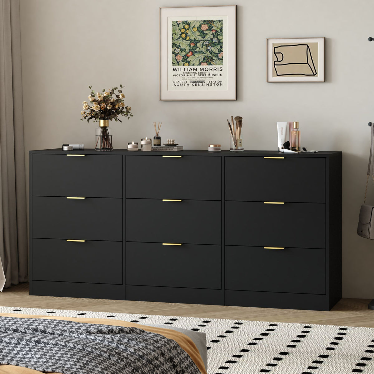 Black 9 Drawer Dresser, 63" Large Deep Chest of Drawers, Wooden Dresser Storage Cabinet with 9 Drawers, Long Dressers