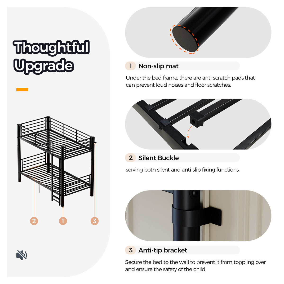 Metal Twin Over Twin Bunk Bed, Convertible into 2 Separate Twin Beds, 13.78" Full-Length Guardrails, Extra-Wide Ladder, Anti-Tip Brackets, Black Bunk Bed Frame for Kids, Teens & Adults