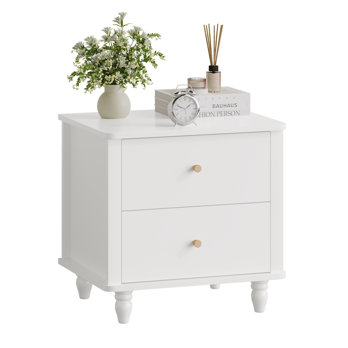 Modern 2-Drawer Nightstand, MDF Wooden Bedside Table with Round Knobs, Small Bedside Cabinet End Table for Bedroom, Living Room, Kids Room, White