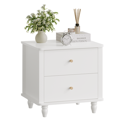 Modern 2-Drawer Nightstand, MDF Wooden Bedside Table with Round Knobs, Small Bedside Cabinet End Table for Bedroom, Living Room, Kids Room, White