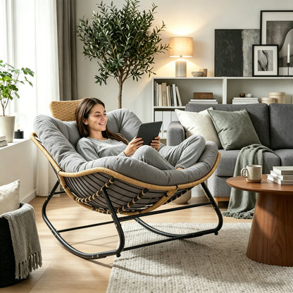 39.37"Papasan Rocking Chair Outdoor, Oversized Patio Egg Chair with Thick Cushion And Handwoven Rattan Head Pillow,Indoor Wicker Lounge Rocker Bed for Balcony, Porch, Garden, Dark Grey
