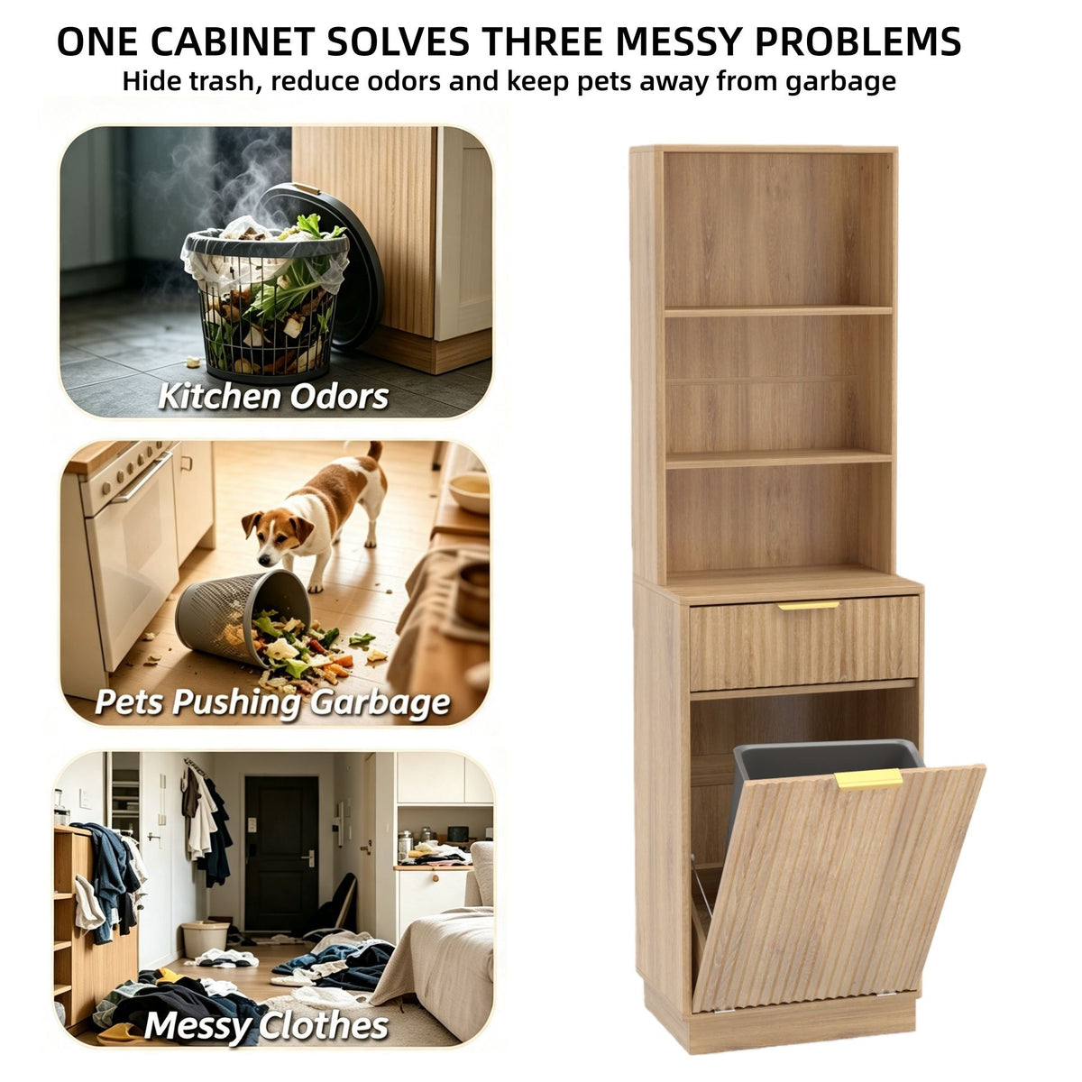 Tall Narrow Fluted Storage Cabinet with 10-Gallon Hidden Trash Bin Compartment, Freestanding Cabinet, Fixed Open Shelves & Drawer, Anti‑Tip for Kitchen Home‑Office Living Room (Trash Can NOT Included)
