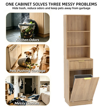 Tall Narrow Fluted Storage Cabinet with 10-Gallon Hidden Trash Bin Compartment, Freestanding Cabinet, Fixed Open Shelves & Drawer, Anti‑Tip for Kitchen Home‑Office Living Room (Trash Can NOT Included)