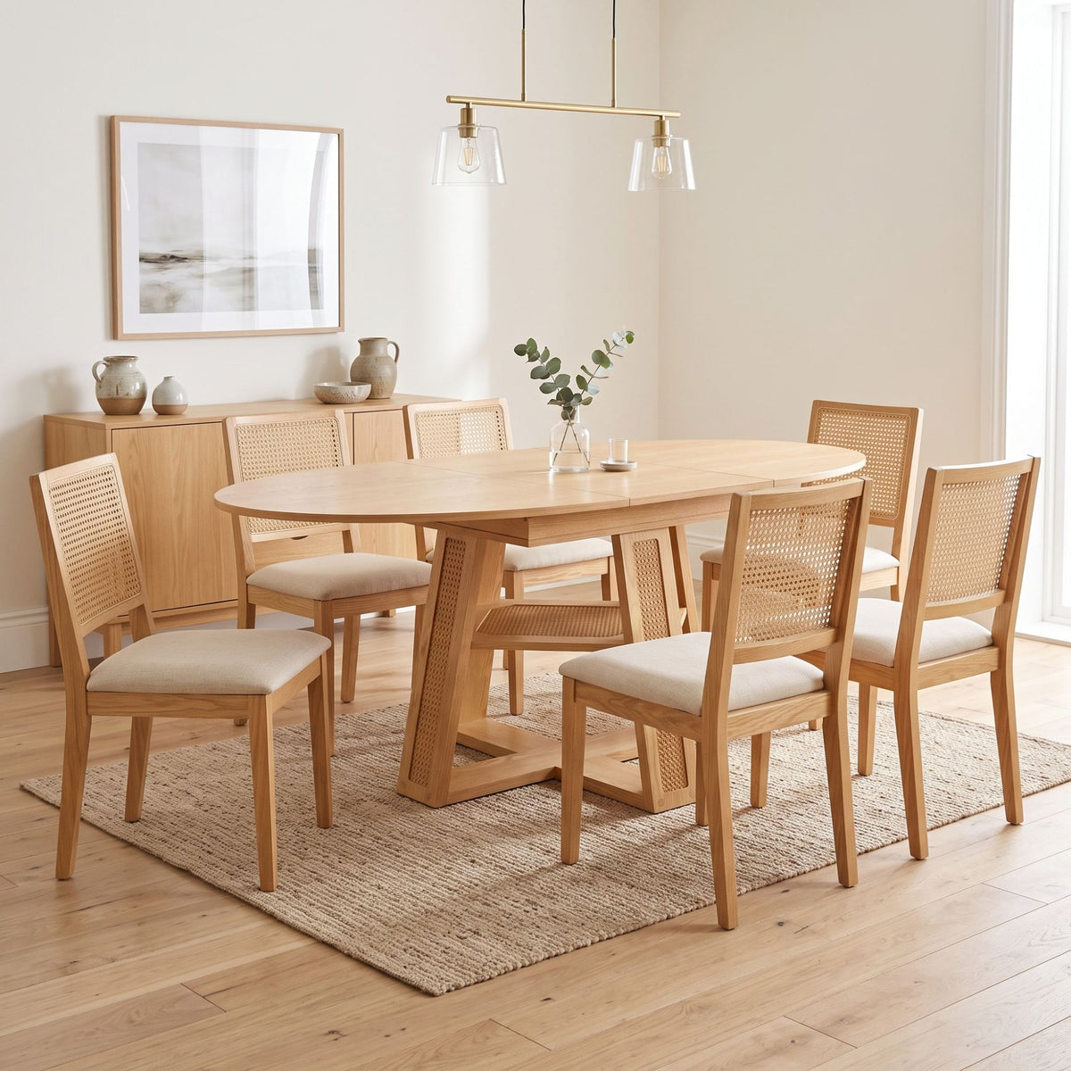 43.3'-59.05' Extendable Round Dining Table for 4-6, Round-to-Oval Kitchen Table with Removable Extension Leaf, Cross-Shaped Base and Storage Shelf, Natural