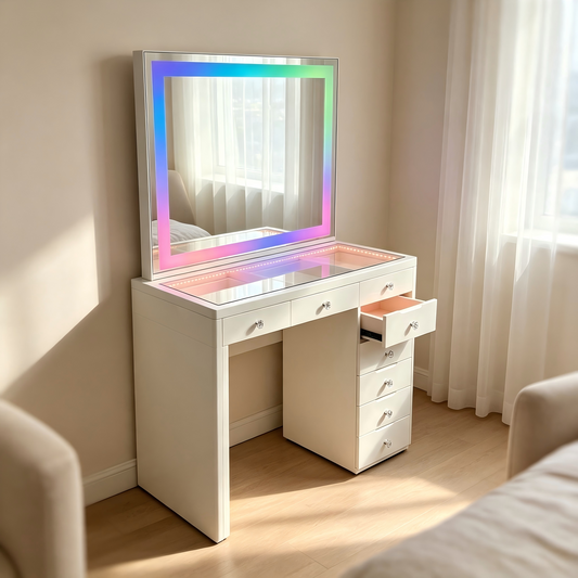LED Lighted Vanity Table with 8 Drawers, Glass Top White Dressing Desk