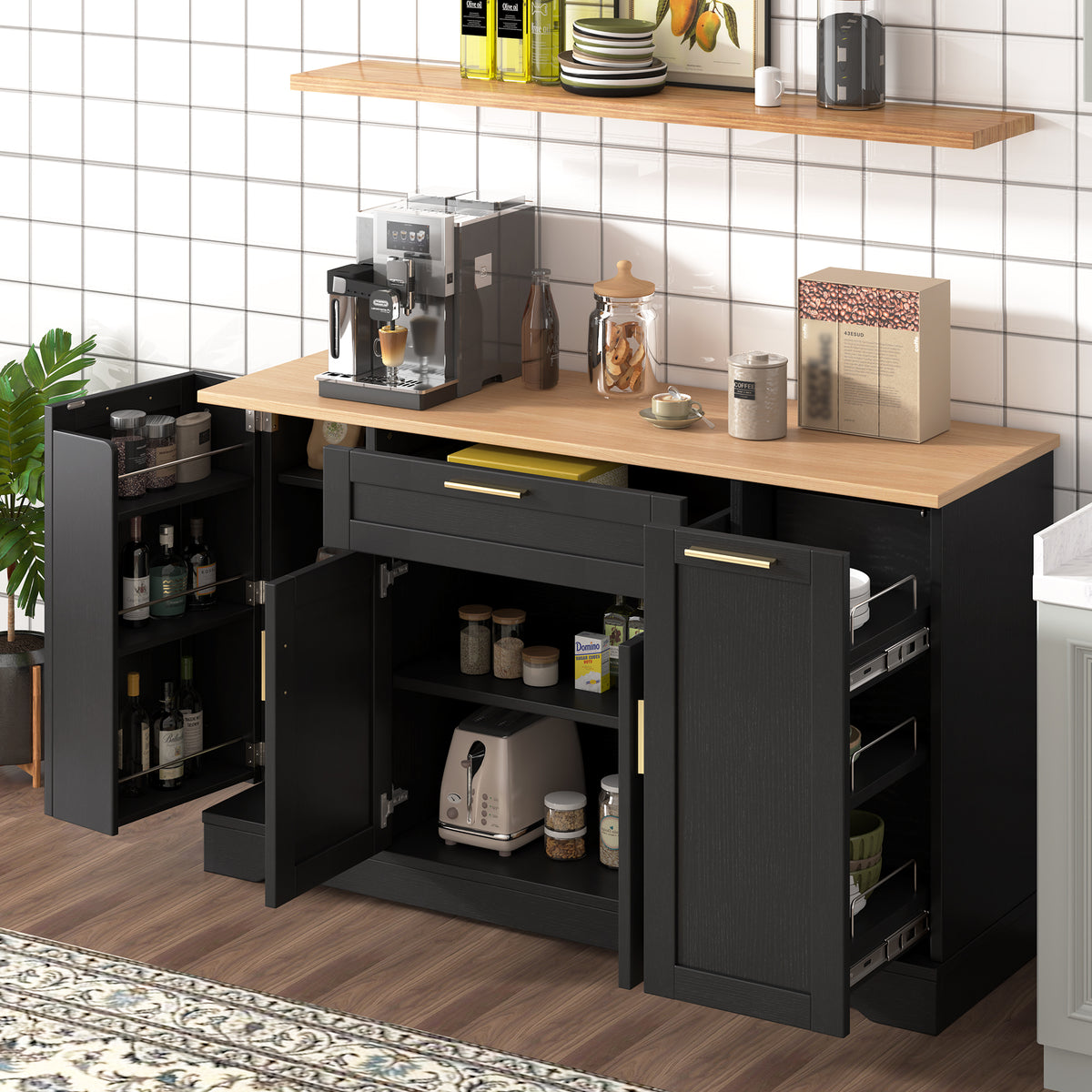 TREXM Multi-Functional Storage Sideboard, Extendable Dining Table, Adjustable Shelves, 3-Tier Pull-Out Rack, Kitchen Island Storage - Black