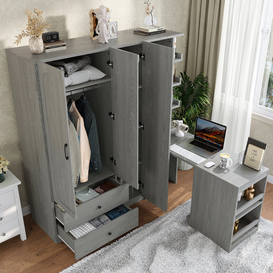 Multifunctional Wardrobe with 2 Doors and Hanging Rod, Wooden clothes closet with Convertible Desk and Storage Drawers – Model W1580S00476
