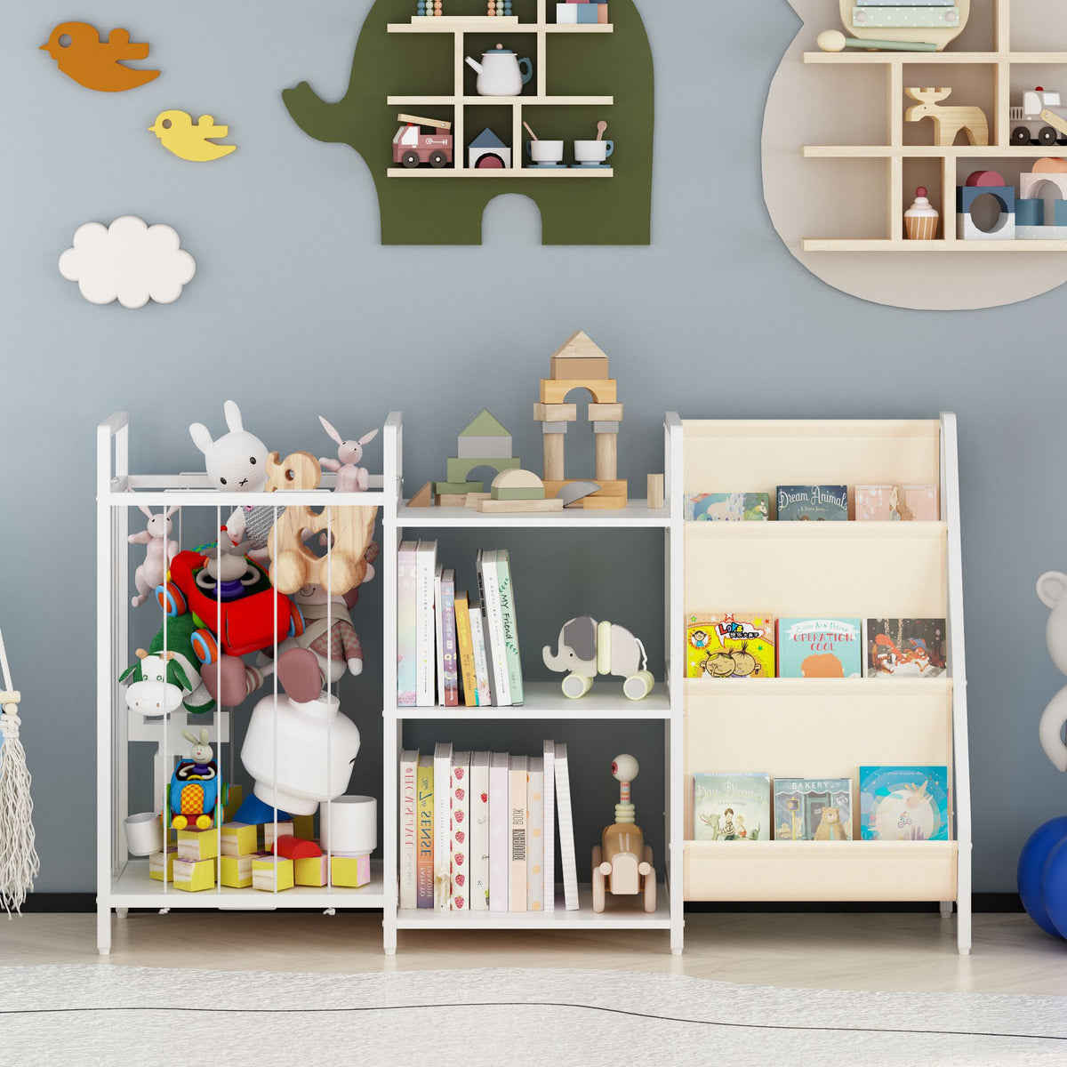 Kids Bookshelf and Toy Storage, 3-in-1 Book Shelf for Kids Rooms, Sling Baby Bookcase with Stuffed Animal Storage, Toddler Montessori Bookshelf for Nursery, Playroom, Kindergarten, White