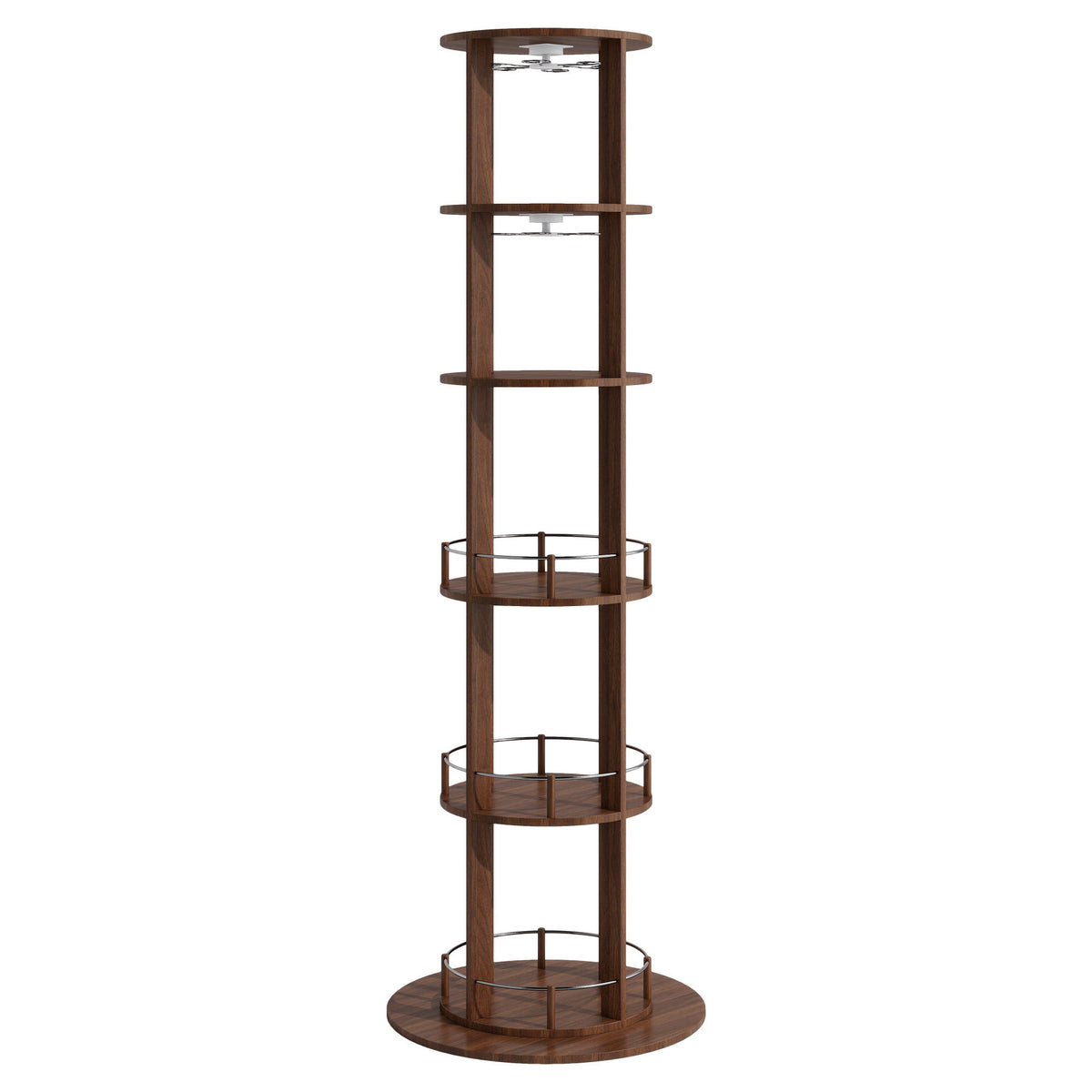 73" Tall Round Wine Rack, Freestanding Wine Bar Cabinet With 360° Rotating Design Wine Glass Rack, 360° Smooth Rotation & Stable Base, 3-Tier Storage Shelf, MDF & Metal, Walnut