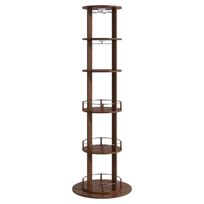 73" Tall Round Wine Rack, Freestanding Wine Bar Cabinet With 360° Rotating Design Wine Glass Rack, 360° Smooth Rotation & Stable Base, 3-Tier Storage Shelf, MDF & Metal, Walnut