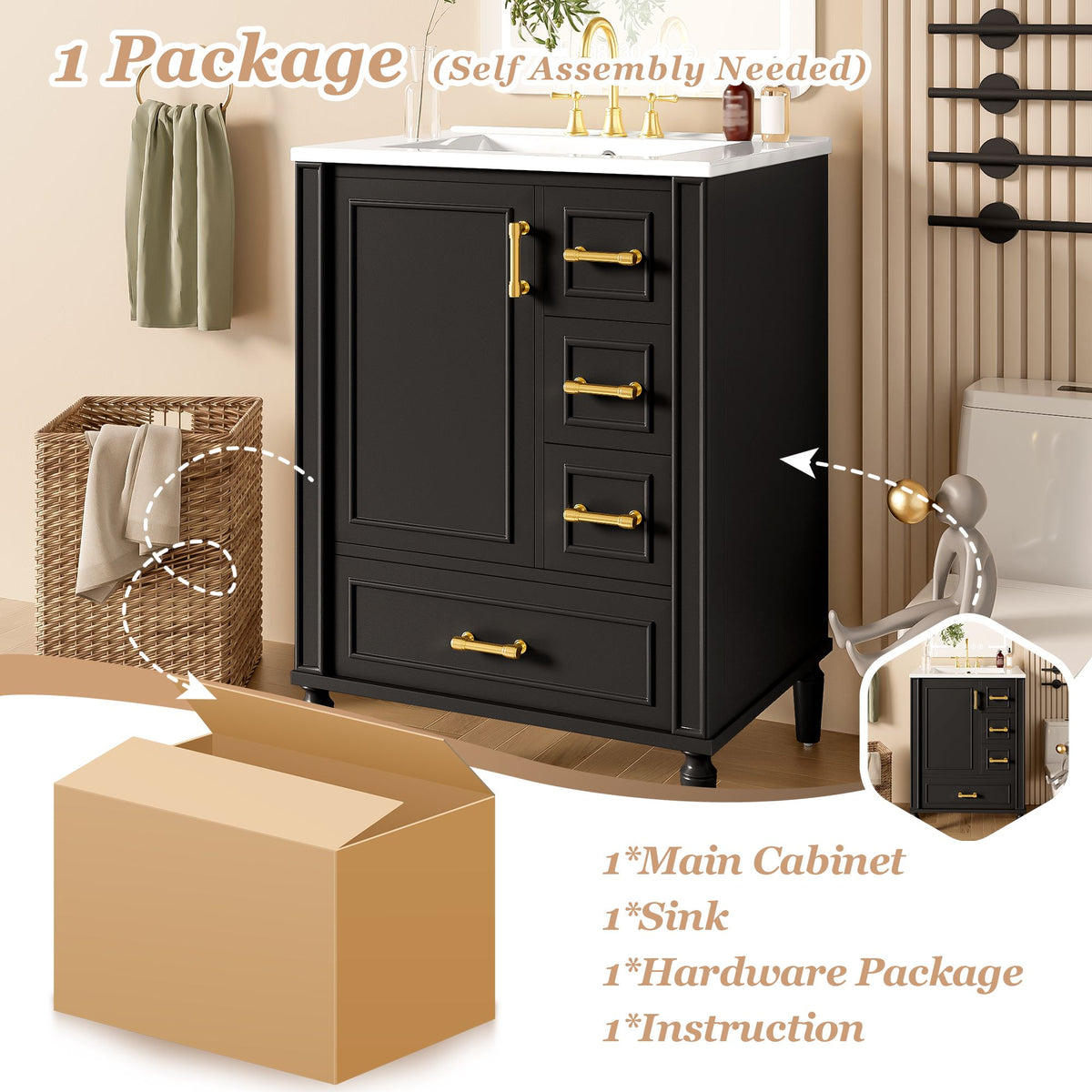24' Modern Bathroom Vanity with Ceramic Sink, Soft-Close Door, 3 Drawers, Gold Handles, and Door-Mounted Rack for Space-Saving Storage(Old SKU:N729P373272B)