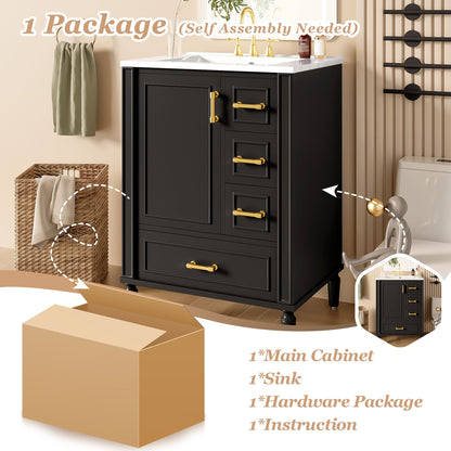 24' Modern Bathroom Vanity with Ceramic Sink, Soft-Close Door, 3 Drawers, Gold Handles, and Door-Mounted Rack for Space-Saving Storage(Old SKU:N729P373272B)